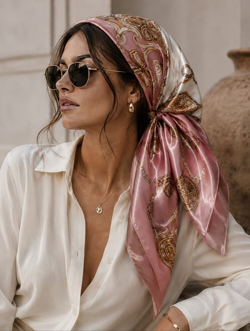 Pink & Cream Chain Print Scarf/ Headscarf
